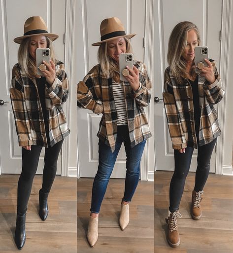 Plaid Top And Leggings Outfit, Flannel Outfit Women Casual, Fall Plaid Shirts For Women, Dress Up Plaid Shirt, Plaid Women Outfit, Brown Plaid Jacket Outfit Woman, Plaid Winter Outfits For Women, Fall Plaid Outfit Flannel Shirts, Black And Brown Flannel Outfit