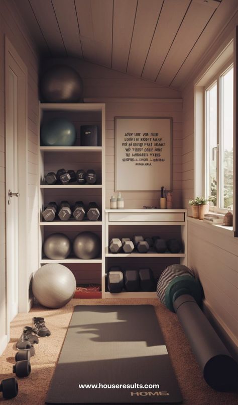 31 Mini Gym At-Home Ideas - HouseResults #Home #for #Mini #HomeIdeas #HomeInspiration #Own #Garden #Spaces #Compact #Your #HomeDecorating #Gym #Ideas #InteriorInspo #Workout #Creating At Home Small Gym, Simple At Home Gym, Small Gym Room Ideas, Small Gym Room, Mini Gym At Home, Mini Gym At Home Ideas, Mini Home Gym, Home Workout Space, Small Home Gym Ideas