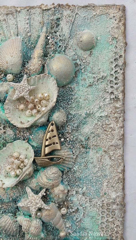 Mixed Media Art Techniques, Seashell Projects, Art Coquillage, Mixed Media Art Canvas, Mixed Media Crafts, Shell Crafts Diy, Sea Crafts, Enjoy The Journey, Soyut Sanat Tabloları