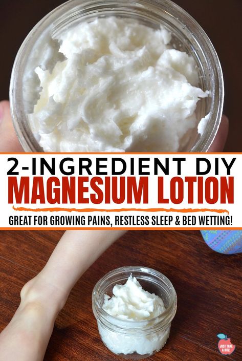 Growing pains, restless legs, trouble sleeping, muscle stiffness? Kiss your aches and pains goodbye with this super simple two-ingredient DIY magnesium lotion. Magnesium Butter With Essential Oils, Magnesium Rub Diy, Epsom Salt Lotion Diy, Homemade Magnesium Lotion, Diy Magnesium Cream, Magnesium Cream Recipe, Magnesium Lotion Recipe Diy, Growing Pains Remedies, Restless Legs Magnesium