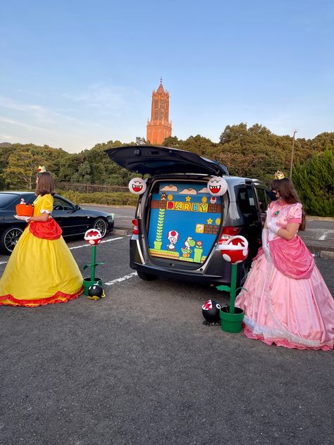 Mario Kart Rainbow Road Trunk Or Treat, Trunk Or Treat For Cars, Mario Bros Trunk Or Treat, Mario Trunk Or Treat, Rainbow Road Mario Kart, Rainbow Road, Treat Ideas, Trunk Or Treat, Mario Kart