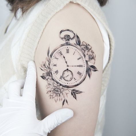 Feminine Clock Tattoo Design For Shoulder Pocket Watch Tattoos For Women, Feminine Clock Tattoo, Timeless Clock Tattoo, Clock Tattoo Designs, Clock Tattoo Ideas, Time Clock Tattoo, Grandfather Clock Tattoo, Pocket Watch Tattoo Design, Clock Tattoos