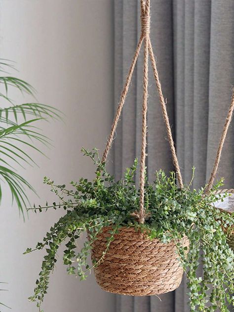 1pc Nordic Style Woven Rattan Flower Basket Hanging Planter With  Rope, Ideal For Hanging Plants In Gardens, Porches, Balconies Or WindowsillsI discovered amazing products on SHEIN.com, come check them out! Tying Rope For Hanging Plants, Hanging Plants Rope Diy, Hanging Baskets Rattan, Rattan Hanging Planter, Ceiling Plant Hanger Rope, Rattan Flower, Rope Plant Hanger, Plant Hanging, Beachy Room