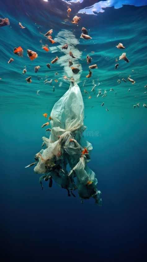 Plastic bags polluting the oceans and endangering marine life.  royalty free stock photos Marine Life Illustration, Save Ocean, Ocean Trash, Life Illustration, Marine Pollution, Painting References, Ocean Pollution, Contaminated Water, Water Pollution