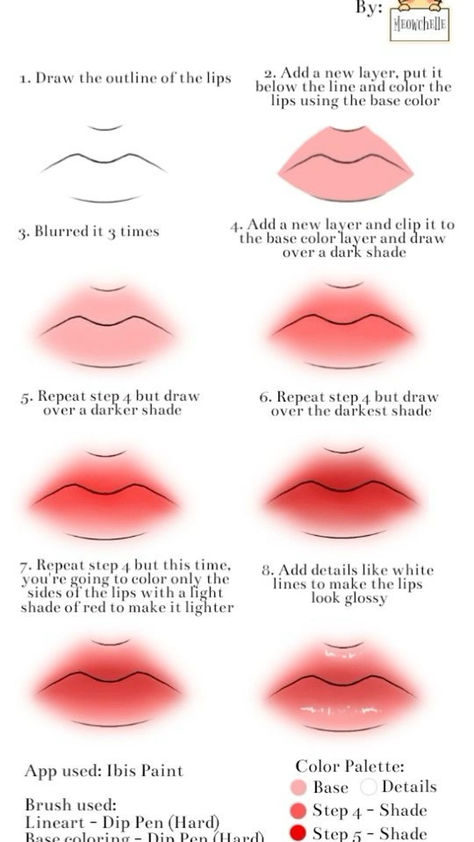 [ save & follow ] - (◍•ᴗ•◍) How To Colour Lips Digitally, Draw Anime Lips, Draw Lips Step By Step, Lips Step By Step, Lip Tutorial Drawing, Lips Cartoon, How To Draw Lips, Lip Color Palette, Lips Sketch