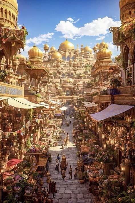 Fantasy City Art Cityscapes, Fantasy Island City, Environment Concept Art Landscape, Fantasy Kingdom Cities, Fantasy Desert City, Fantasy City Concept Art, Fantasy City Art, Kingdom Concept Art, Fantasy Market