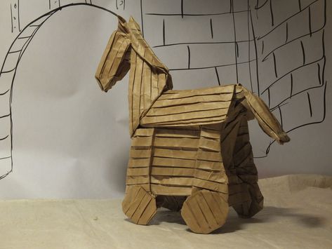 A very cool origami Trojan horse designed and folded by Eric Vigier #origami #trojanhorse Cool Origami, Origami Horse, Greek Party, Insurance License, Progressive Insurance, Insurance Sales, Farmers Insurance, Dog Insurance, Trojan Horse