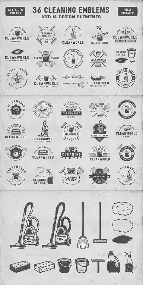 36 Vintage Cleaning Emblems by Akim_D | GraphicRiver Vintage Cleaning Ads, Logo Design Cleaning Service, Vintage Cleaning Products, Cleaning Logos Ideas, Cleaning Business Logo Ideas, Cleaning Advertising Ideas, Cleaning Service Logo Ideas, Cleaning Logo Design Ideas, Cleaning Logo Business