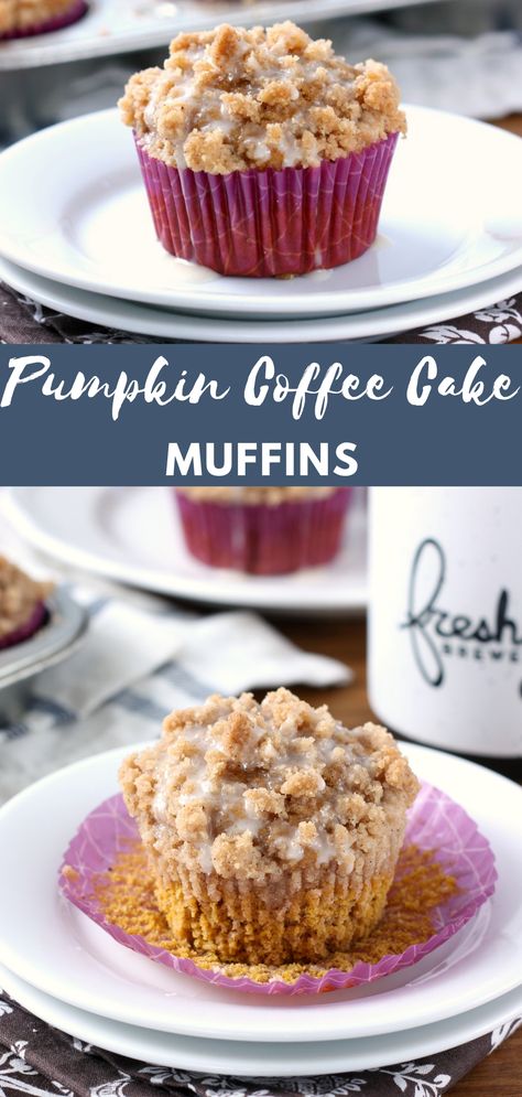 A pumpkin coffee cake on a small white plate sitting atop a brown and white cloth napkin. Pumpkin Streusel Coffee Cake, Homemade Pumpkin Muffins, Coffee Cake Muffin Recipes, Moist Pumpkin Muffins, Pumpkin Coffee Cake, Pumpkin Streusel, Coffee Muffins, Fall Favorites Recipes, Cinnamon Crumble