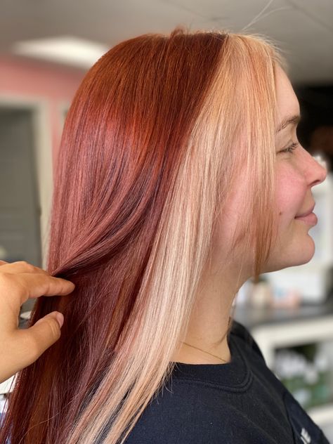 Copper Hair Blonde Halo, Copper Colour Block Hair, Red And Blonde Halo Hair, Ginger Halo Hair, Red Hair Blonde Halo, Blonde Halo Hair Color With Red, Copper And Blonde Peekaboo, Copper Halo Hair, Red Hair With Blonde Halo