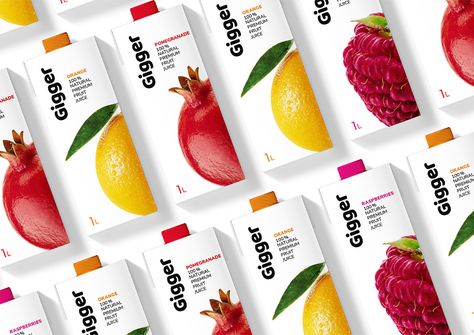 Gigger - packaging design for juice on Behance Strawberry Juice Packaging, Juice Box Packaging Design, Strawberry Packaging Design, Natural Juice Packaging, Fruit Juice Packaging Design, Fruit Packaging Design, Juice Packaging Design, Fruit Juice Brands, Fruit Juice Packaging