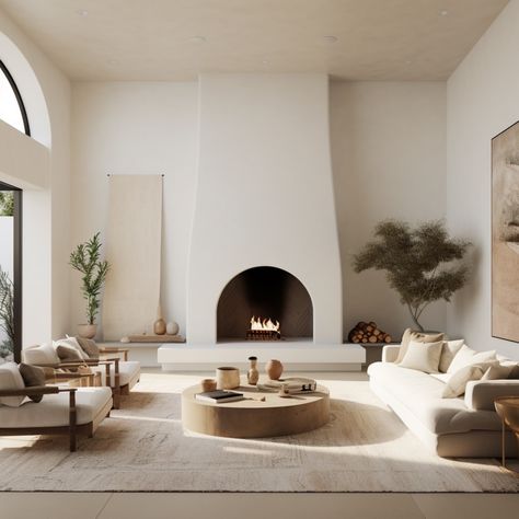 cool but cozy living space with amazing arched plaster fireplace as the focal point. Neutral colors, cozy textures, & light woods White Spanish Style Home Interiors, Living Room With Ivory Sofa, Living Room With Arched Windows, Living Room Spanish Modern, Modern Arched Fireplace, Modern Spanish Style Fireplace, Modern Mediterranean Furniture, Italian Style Fireplace, Santa Barbara Style Living Room