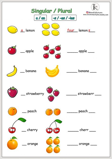 One Many English Worksheet, Grade 2 Learning Activities, Fruits Worksheet For Grade 1, One And Many Worksheet For Kindergarten, English Grade 2 Worksheets, Fruits Worksheets For Kids, Fruit Worksheet, Grade 2 Worksheets, Plurals Worksheets