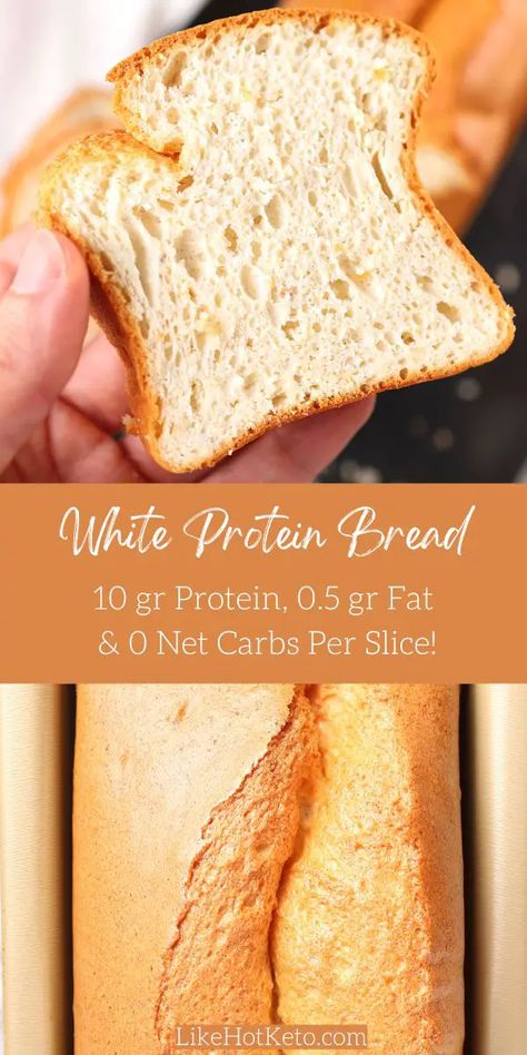 Ultra fluffy, with a golden delicious crust and taste like real bread: this keto egg white and whey protein bread is going to become your favorite keto bread recipe! With 10 grams of protein and nearly ZERO carbs and fat per slice, this is the best protein sparing bread for high protein low carb diet and PSMF. And it's also gluten-free! Go to LikeHotKeto.com for this healthy bread recipe! High Protein Bread, Protein Bread Recipe, Protein Bread Recipes, Bread Loaf Recipe, Keto Brood, High Protein Low Carb Diet, Keto Sides, Healthy Bread Recipes, Protein Bread