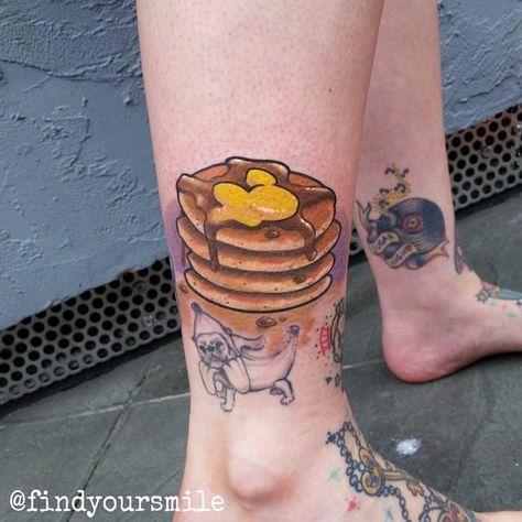 Fat stack of pancakes by Russell Van Schaick. #traditional #pancakes #breakfast #RussellVanSchaick Pancake Tattoo, Breakfast Tattoo, Tattoos Om, Disney Watercolor Tattoo, Food Tattoos, Pancakes Breakfast, Nom Nom Nom, Tattoo Skin, Watercolor Tattoos