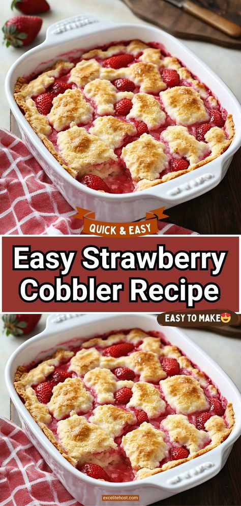 This cobbler is one of my favorite dessert recipes with strawberries. The taste of the baked fruit is so intense and the cake part of the cobbler goes perfectly with them. Frozen Strawberry Cobbler Easy, Peach And Strawberry Cobbler, Easy Dessert Casserole Recipes, Strawberry Cobbler Using Frozen Strawberries, Bisquick Strawberry Cobbler, Frozen Strawberry Cobbler, Recipes With Frozen Strawberries Easy, Recipes For Frozen Strawberries, What Can I Make With Strawberries