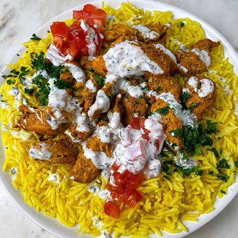 Sara Abdulaziz's NYC Halal Cart-Style Chicken and Rice Chicken And Rice Halal, Cuisine At Home Recipes, Halal Street Cart Chicken, Swarma Chicken And Rice, Halal Lamb And Chicken Over Rice, Halaal Recipes Chicken, Chicken Halal Recipes, Halal Meal Prep, Halal Rice Recipe