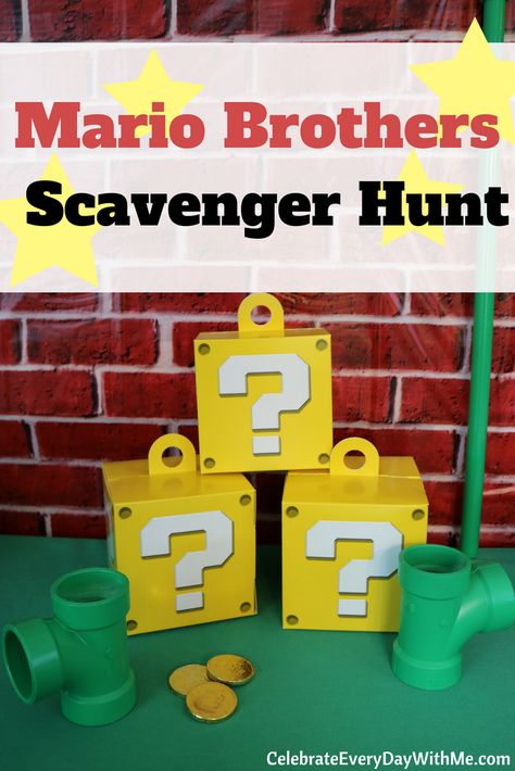 Rhyming Riddle Scavenger Hunt for Your Kids {Free Printable} - Celebrate Every Day With Me Mario Scavenger Hunt, Super Mario Free, Nintendo Crafts, Super Mario Brothers Party, Mario Party Games, Mario Day, Mario Bros Birthday Party Ideas, Mario Crafts, Super Mario Bros Birthday Party