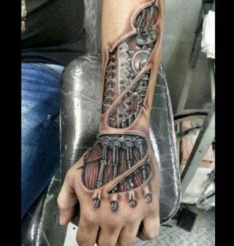 Biomechanical Tattoo Arm, Skin Tear Tattoo, Ripped Skin Tattoo, Biomechanical Tattoos, Biomechanical Tattoo Design, Robot Tattoo, Tech Tattoo, Gear Tattoo, Eyeball Tattoo