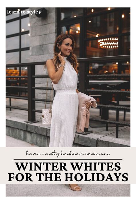 Visit here to check out Winter Whites for the Holidays on KARINA STYLE DIARIES! If you are looking for holiday outfit ideas then this is the blog post for you! Get inspired to try out winter white clothing for your next holiday party. You will love the Christmas garments this blog post has to offer as well. Be sure to try out these winter dresses and white jumpsuits. There is nothing better than a white Christmas. #white #dress #jumpsuit #Christmas #partyoutfit All White Holiday Party Outfit, How To Wear White Dress In Winter, Winter White Outfit Dressy, White Outfit For Christmas Party, White Christmas Dress Outfit, White Christmas Outfit Ideas For Women, Winter White Dress Outfit, White Dress Christmas Outfit, All White Christmas Outfit