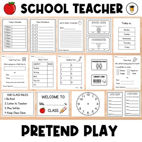 School Dramatic Play Teacher Play Learning Pretend Play Preschool and Toddler Activities Homeschool Busy Book School Printable - Etsy | Dramatic play printables, Dramatic play, Busy book School Pretend Play Ideas, Teacher Rp Classroom Ideas, Random Things To Print, Playing School Ideas Pretend, Playing Teacher Pretend, Whiteboard Teacher Ideas, Activity Cover Page Ideas, Pretend Teacher Ideas For Kids, Teacher Roleplay Ideas