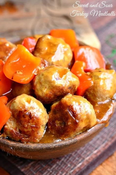 Sweet And Sour Turkey Meatballs, Meatballs Dinner, Will Cook For Smiles, Meatball Dinner, Turkey Meatball Recipe, Sweet And Sour Meatballs, Red Bell Peppers, Sweet And Sour Sauce, Turkey Meatballs