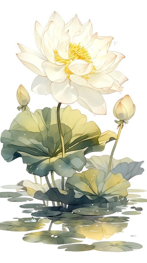 Beautiful watercolor illustration of a white lotus flower in bloom with green leaves | Premium AI-generated image Lotus Blooming, Lotus Watercolor, Lotus Flower Illustration, Lotus Illustration, Chinese Lotus Flower, White Lotus Aesthetic, White Lotus Background, White Lotus Illustration, Lotus Botanical Illustration