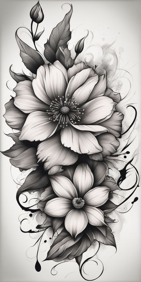 This image showcases a vibrant and colorful flower tattoo design in a black and grey style, set against a blank canvas. The blend of colors and monochrome offers an edgy, artistic appeal. Mixed Flower Tattoo, Colorful Floral Tattoo, Colorful Flower Tattoo, Floral Tattoo Design, Grey Style, Sleeve Tattoos For Women, Flower Tattoo Designs, Blank Canvas, Flower Tattoos