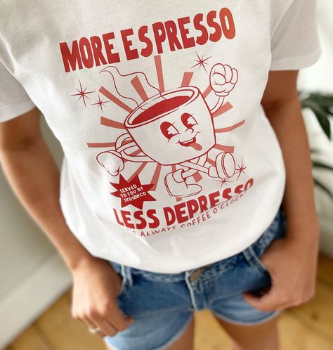 Funny coffee tee for the coffee lover who needs a little pick-me-up. #coffee #coffeelover / #Coffee_Shop_Shirt #More_Espresso_Less #Cool_Slogans #Slogan_T_Shirt More Espresso Less, Cool Slogans, Coffee Tees, Slogan Tshirt, Slogan T Shirt, Coffee Is Life, Retro Cartoons, Coffee Shirts, Retro Shirts