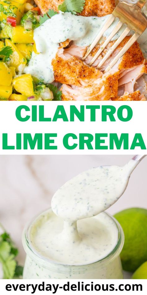 Cilantro lime crema is a refreshing creamy sauce that adds a burst of fresh flavor to any dish. Drizzle it over your tacos, quesadillas, rice bowls, or use as a dipping sauce. So easy and so good! Cilantro Lime Crema Recipe, Cilantro Lime Crema, Dinner Soup Recipes, Lime Crema, Cilantro Lime Sauce, Sauce For Rice, Cilantro Sauce, Cilantro Lime Dressing, Dipping Sauces Recipes