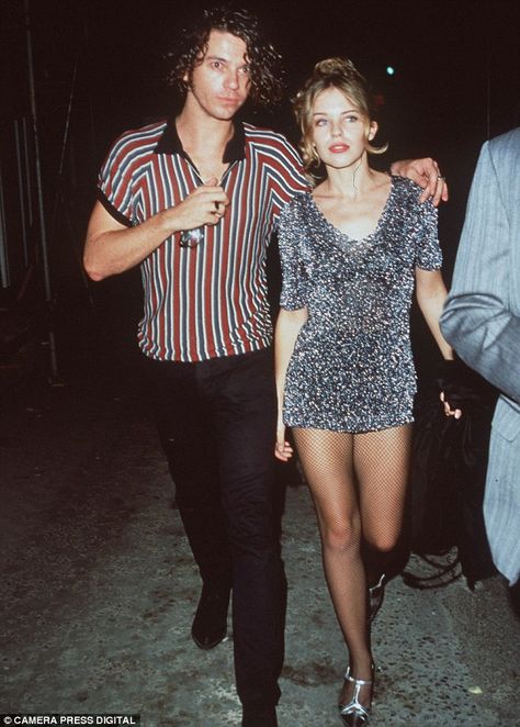 Former flames: Kylie had a relationship with Michael Hutchence from 1989 to 1991 (pictured during that time) 90s Grunge Hair, Belinda Carlisle, Michael Hutchence, Helena Christensen, Famous Couples, I'm With The Band, Cooler Look, Kylie Minogue, Dakota Johnson