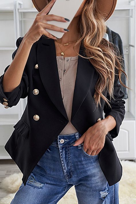 $14.5 Black Double Breasted Long Sleeve Novelty Button Blazer, Blazers Wholesale Womens Jackets Casual, Novelty Buttons, Blazer With Jeans, Breasted Blazer, Formal Style, Double Breasted Blazer, White Blazer, Blazer Buttons, Midi Dress Sleeveless