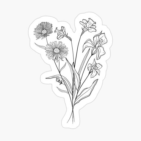 Flower Bouquet Drawing, Line Art Flowers, Small Tats, Birth Flower Tattoos, Flower Outline, Baby Tattoos, Birth Month Flowers, Flower Doodles, Different Flowers