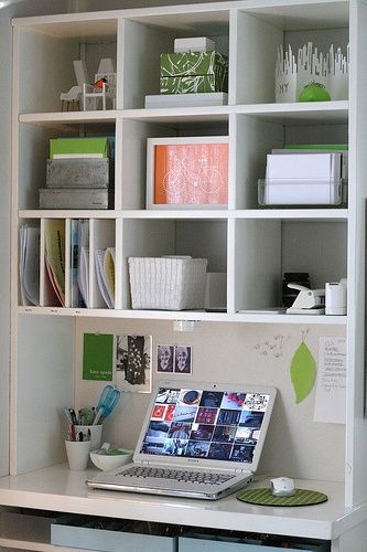 This would be a good re-purpose for the 3x3 cube shelf and add desk storage that remi can't reach. Closet Desk, Ikea Desk Hack, Ikea Bookcase, Closet Office, Office Nook, White Desk, Study Nook, Desk Areas, Office Crafts