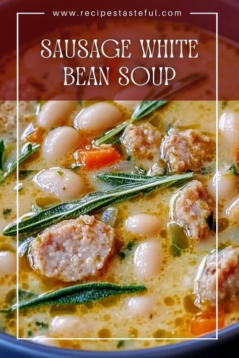 A cozy and comforting meal in just 30 minutes! This hearty soup features spicy Italian sausage, creamy cannellini beans, and fresh spinach, making it a perfect weeknight dinner. Sausage White Bean Soup, White Bean Sausage Soup, Sausage White Bean, Cannellini Beans Soup, Bean And Sausage Soup, Cannellini Beans Recipes, Making Sausage, Italian Beans, Spinach Soup Recipe