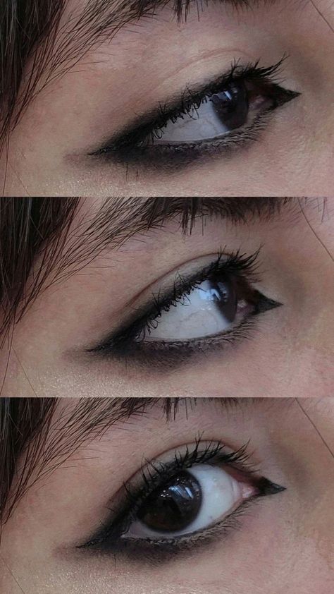 Eyeshadow Black Eyes, Punk Makeup Simple, Goth Eyeliner Easy, Simple Goth Eyeshadow, How To Do Black Eyeliner, Goth Puppy Eyeliner, Goth Glow Up, Dark Hooded Eye Makeup, Goth Makeup Almond Eyes