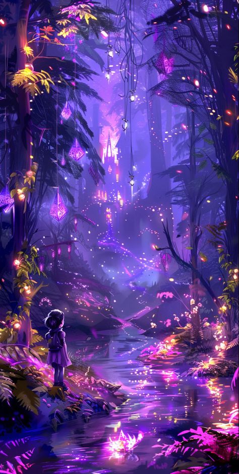 Transform your iPhone with a wallpaper that opens a gate to a fantasy world. In this cartoon-style magical forest, glowing flowers and sparkling streams create a realm where mystical creatures roam. A lone figure stands before an enchanted river, ancient oaks with pink blossoms framing the scene. The bright color palette of this concept art brings the magic to your screen, making every glance an escape to an enchanted world. #FantasyWorld #MagicalForestWallpaper #EnchantedRiver #iPhoneWallpaper Wallpaper Iphone Fantasy World, Magic Fantasy World, Glowing Flowers Wallpaper, Bright Fantasy Art, Pink Fantasy World, Bright Fantasy Aesthetic, Fantasy Background Magic, Magic Wallpaper Iphone, Magical World Aesthetic