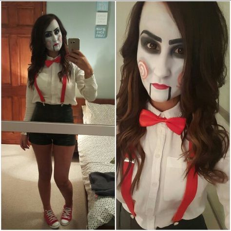 Diy Saw Costume Women, Hollaween Customs, Saw Halloween Costume Women, Saw Costume Female, Saw Outfit, Jigsaw Costume Women, Saw Halloween Costume, Jigsaw Puppet, Saw Costume