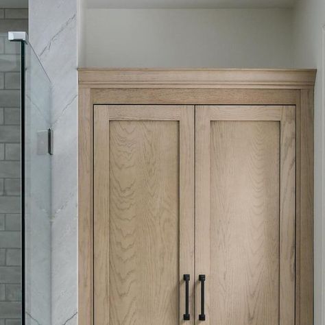 Katy Popple on Instagram: "A gorgeous bathroom linen cabinet in a lime wash oak finish. There’s another one 12” narrower if anyone has just the right sized nook for it. Designers make mistakes too 🫠 📷 @erinashkelly #katypoppledesign #bathroomdesign #oopsididitagain #limewashoak #pittsburghdesigner #interiorstyle" Lime Wash, Oops I Did It Again, Bathroom Linen Cabinet, Pop P, Linen Cabinet, Gorgeous Bathroom, February 13, Make Mistakes, Oak Finish