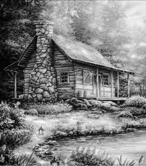 Drawings Of Love, Pencil Sketches Landscape, Coloring For Adults, Landscape Pencil Drawings, Countryside Paintings, Grey Scale, Nature Art Drawings, Cabin Art, Charcoal Art