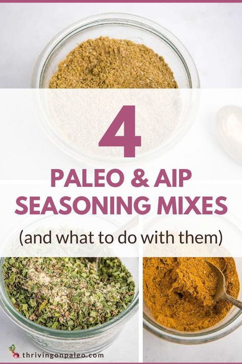 Seasoning mixes can often be one of the fastest ways to get an incredibly flavorful meal on the table – which is great when trying to figure out a new way to spice up the same old meats and veggies. These four Paleo and AIP seasoning mixes will take the boring out of dinner. If you find this recipe helpful, you may really enjoy the resources in my Paleo & AIP Freebie Library! Find a list of AIP-compliant dinner recipes, and so much more. Plus, you'll get even more ideas sent to your inbox! Aip Steak Seasoning, Aip Seasoning Recipes, Aip Marinades, Vegan Aip Recipes, Aip Seasoning, Aip Mayo, Aip Spices, Aip Condiments, Aip Salads