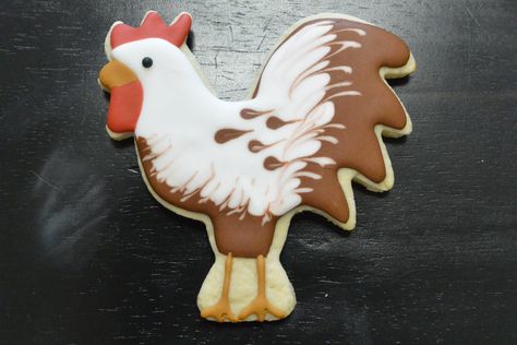 Rooster Cookies Decorated, Rooster Party Theme, Rooster Birthday Party Ideas, Rooster Cookies, Barnyard Cookies, Animal Print Cookies, Cookies To Sell, Chicken Cookies, Chicken Birthday