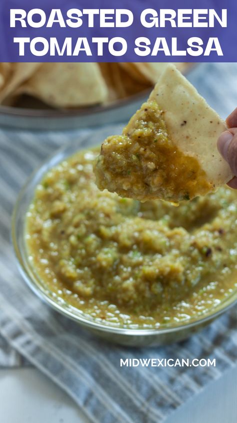 When roasted, green, underripe tomatoes make a fantastic Verde-style salsa perfect for enchiladas or snacking on with tortilla chips. Plus, the recipe is so simple you'll want to make this Roasted Green Tomato Salsa all summer and fall long! Canned Green Tomato Salsa, Roasted Green Tomato Recipes, Green Salsa Recipes, Green Tomatoes Salsa, Green Salsa Recipe Tomatillos, Roasted Green Tomato Salsa, Green Tomato Salsa Verde, Roasted Salsa Verde Recipe, Roasted Salsa Verde