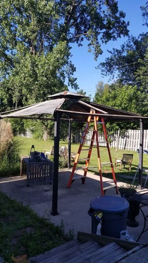 Are you tired of replacing the cloth top. On your gazebo? Yeah, me too. It's annoying and expensive so I decided to come up with a more permanent fix. As y'all know once I get an idea in my head there's no stopping me. Like the time I made a DIY Pallet Fireplace in my living room where there wasn't one lol. I'm obviously not afraid of big projects and you shouldn't be either. This one just took some basic tools, easy to get materials, and determination. This is how it looked before..… Tin Roof Gazebo, Pallet Fireplace, Front Porch Pergola, Industrial Farmhouse Lighting, Diy Gazebo, Gazebo Roof, Cheap Pergola, Pergola Swing, Wooden Pergola