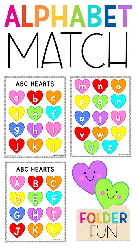 Free printable alphabet matching game for kids! Students work on letter recognition as they match the uppercase letters to the lowercase letters in this free printable file folder game. Great for learning centers. Alphabet File Folder Free Printables, Heart Alphabet Letters Printable, Alphabet File Folder Games, File Folder Games Free, Alphabet Matching Game, File Folder Games Preschool, Letter Matching Game, Alphabet Letter Matching, Folder Activities