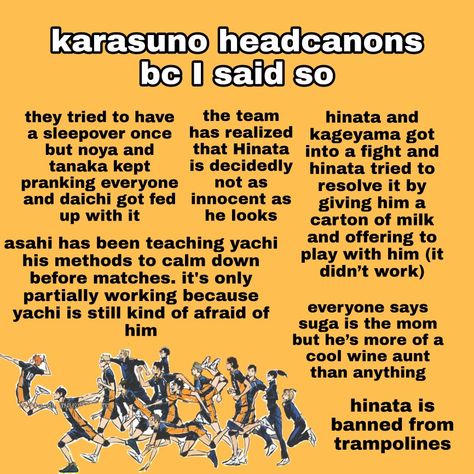 Karasuno Headcanons, Haikyu Head Cannons, Haikyuu Headcanons, Haikyuu Memes, Head Cannons, Haikyuu Karasuno, Volleyball Anime, Haikyuu Funny, Haikyuu 3