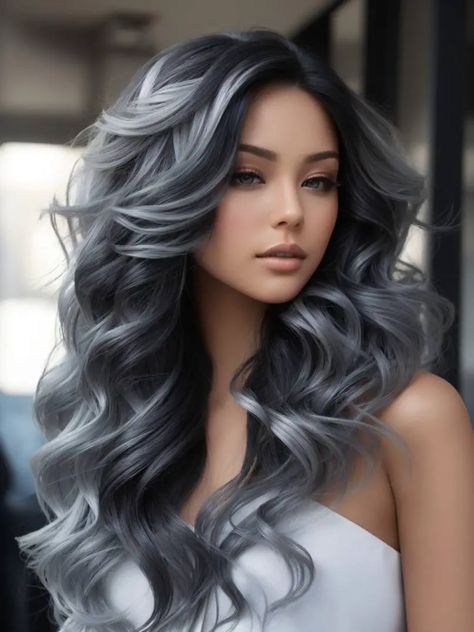 Dazzling Christmas Hair Color Ideas For Brunettes In 2023 Ash And Black Hair, Grey And Black Hair Color, Blue Grey Hair Color Silver, Dark And Silver Hair, Brunette Silver Balayage, Silver Hair Balayage, Hoco Hairstyles Updo, Cool Tone Hair Color, Ash Grey Balayage