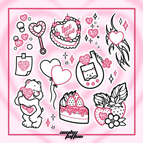 Kawaii Stick And Poke, Heart Filler Tattoo, Valentine’s Day Matching Tattoos, Simple Y2k Tattoo Ideas, Love Heart Sweets Tattoo, Kawaii Flash Sheet, Valentine Day Flash Tattoo, Valentines Tattoo Ideas, Strawberry Flash Tattoo