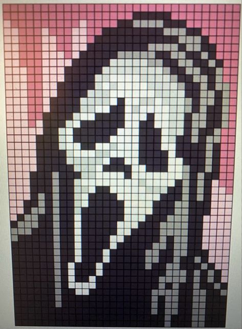 Ghost Face Granny Square, Ghost Face Pixel Art Grid, Ghostface Grid Pattern, Ghost Face Crochet Tapestry, Ghost Face Grid Pattern, Horror Sewing Projects, Scream Pixel Art Grid, Ghost Face Cross Stitch, Creepy Pixel Art Grid