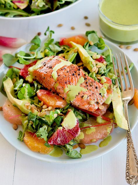 - WILD GREENS & SARDINES Citrus Salmon Salad, Citrus Fish Recipe, Grapefruit Recipes, Grapefruit Salad, Citrus Fish, Avocado Salad Dressing, Summer Seafood Recipes, Citrus Vinaigrette, Citrus Salad